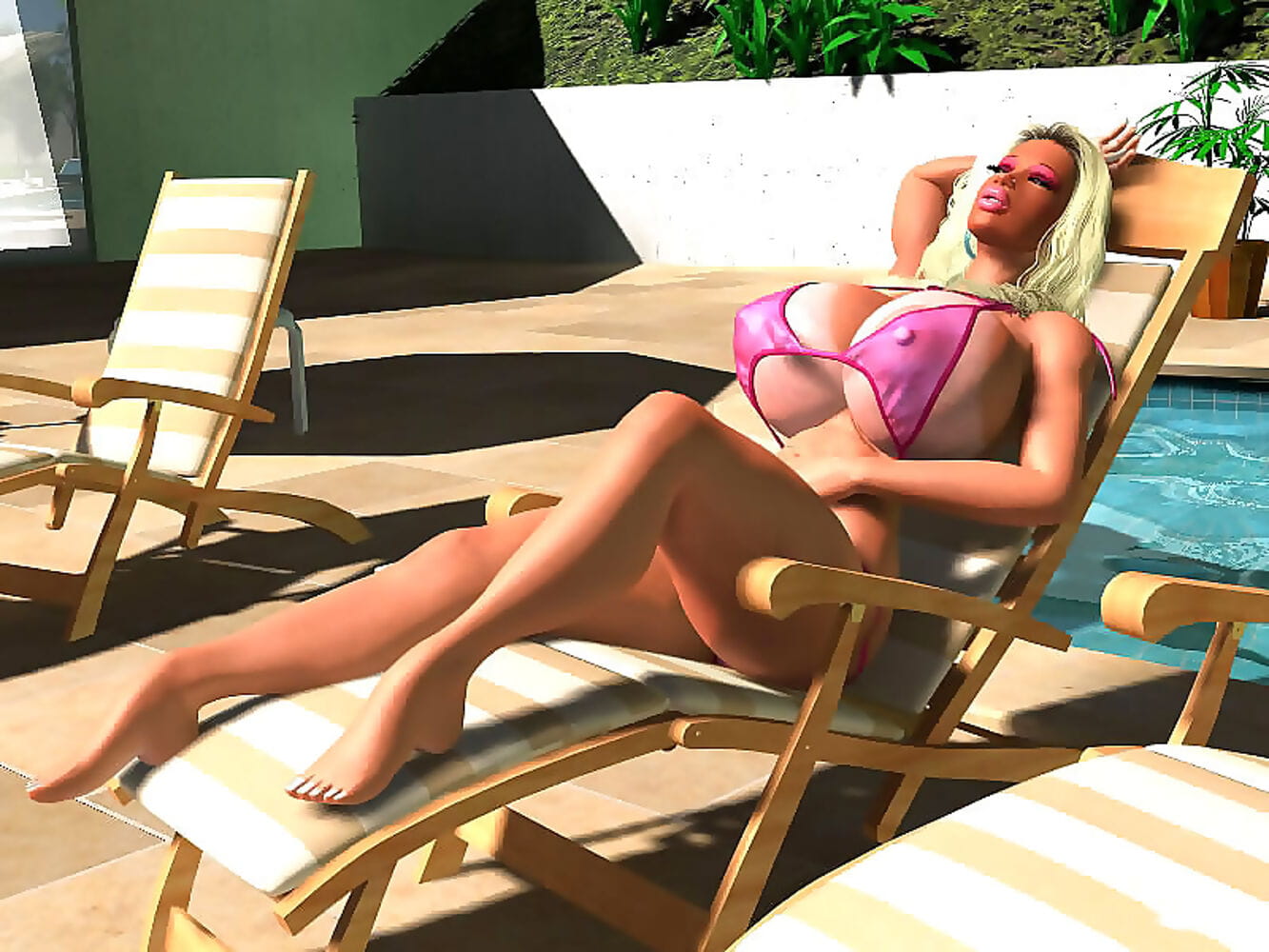 pornstar 3d sexy gros seins blonde dans bikini bain de soleil à l